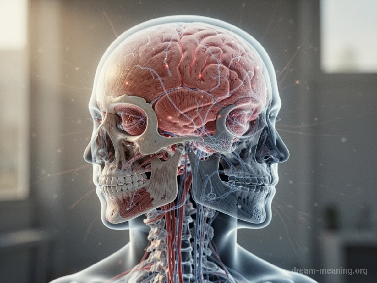 An X-ray image of a human head showing internal structures.