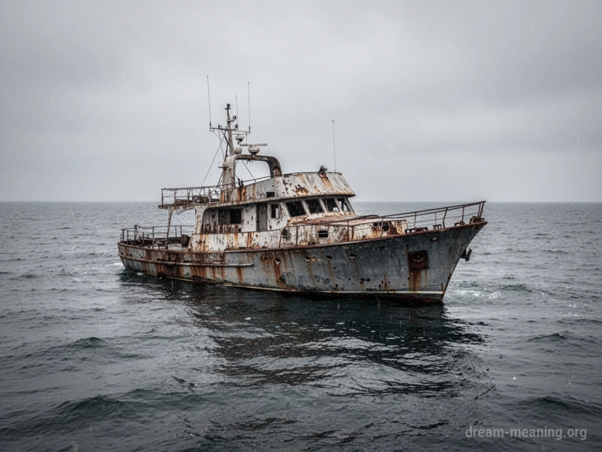 A derelict yacht floating on the water.