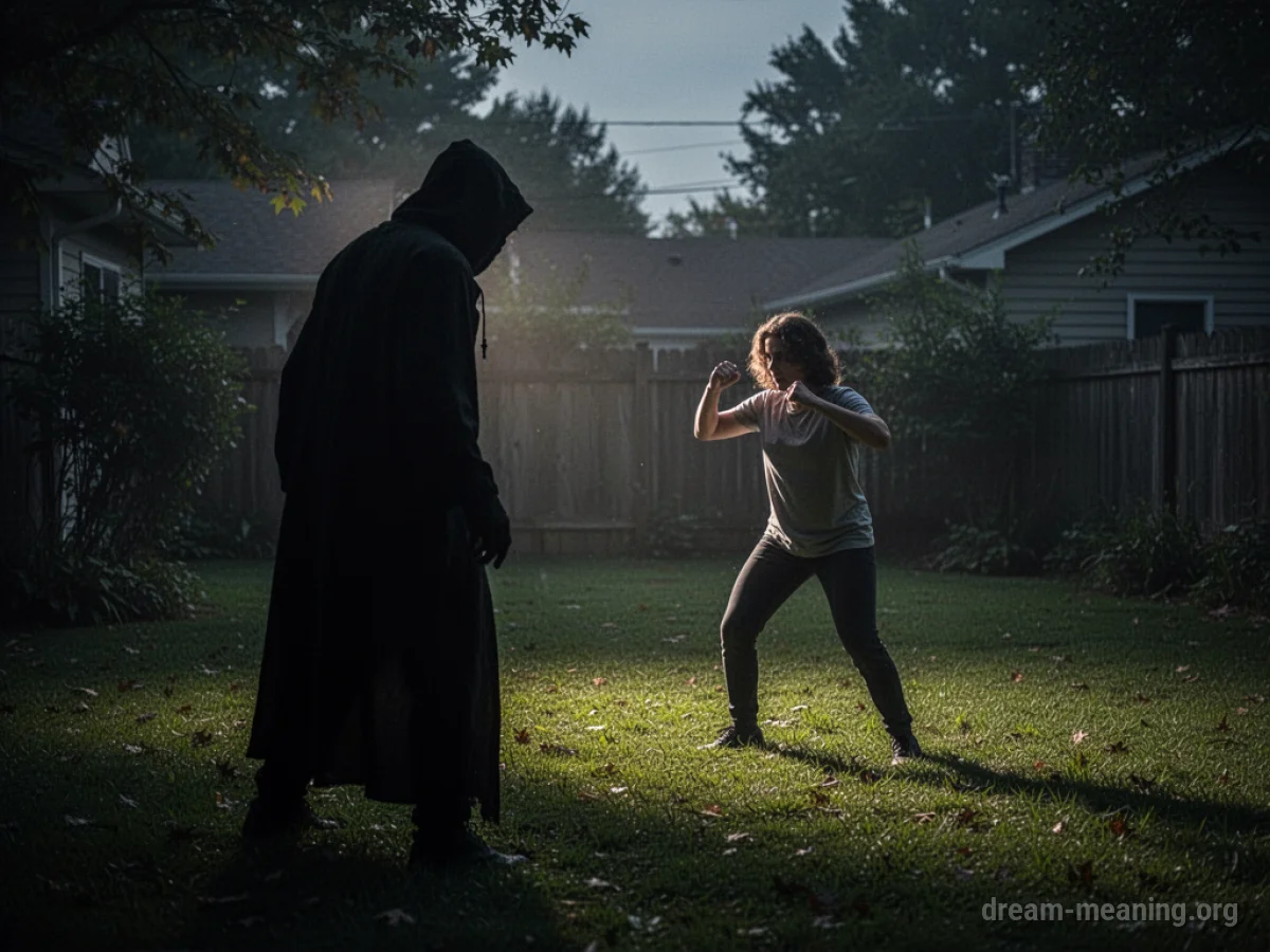 A shadowy figure stands in the background of a yard facing a person.