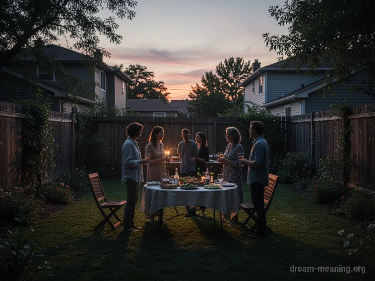 Silhouetted figures in a dimly lit backyard around a table.