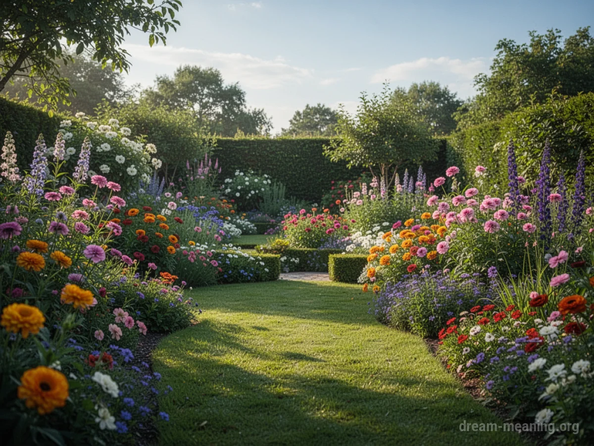 A well-kept garden with colorful flowers and green grass.