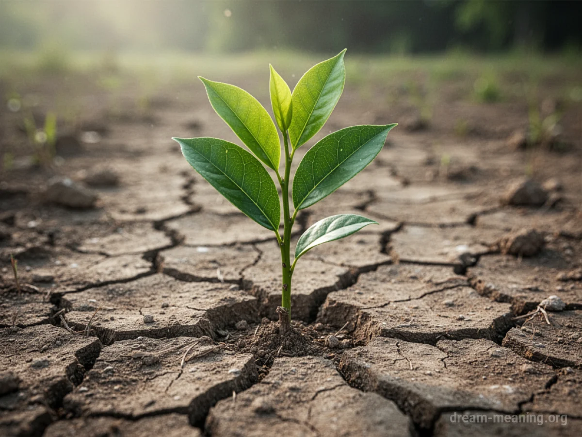 A small green sprout pushing through dry, cracked soil.
