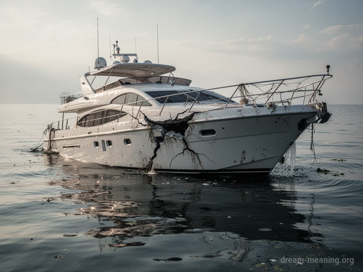 A damaged yacht adrift in the water.