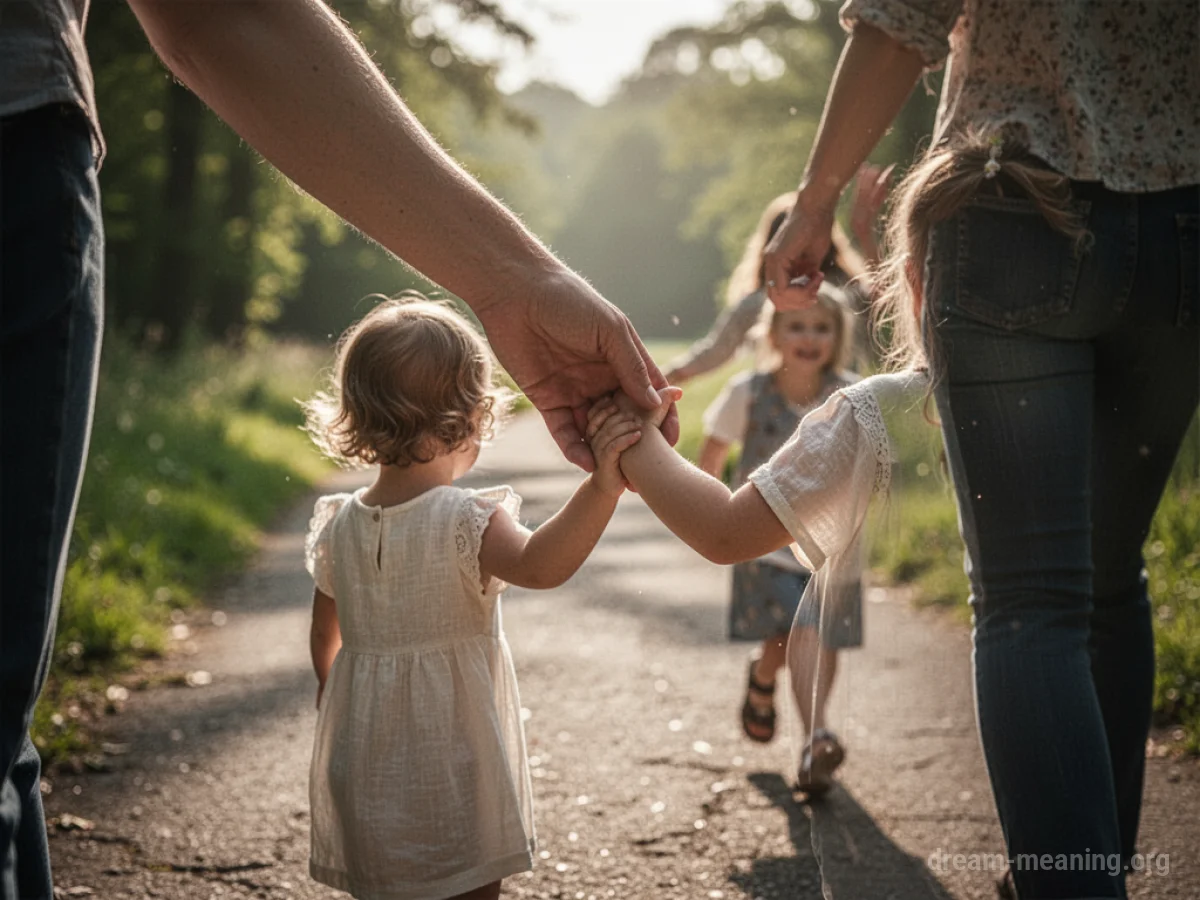 A parent's hand holding a child's hand while walking on a bright path.