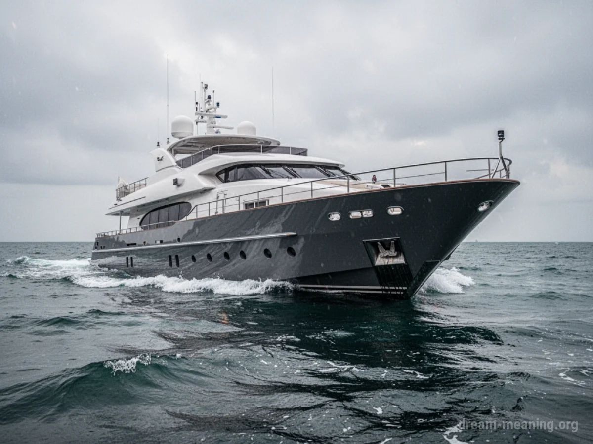 A partially submerged yacht in the ocean under an overcast sky.