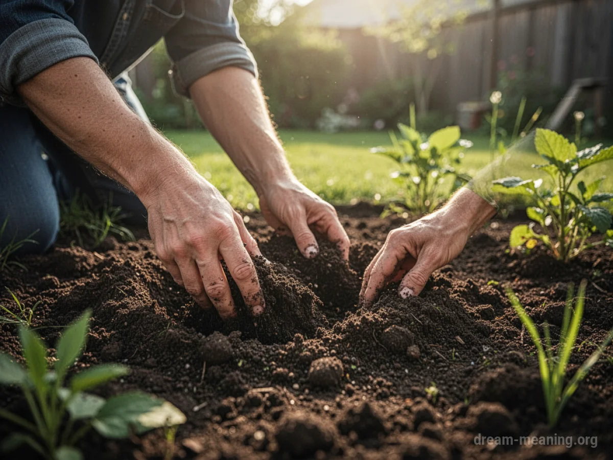 Hands digging into the soil of a garden.