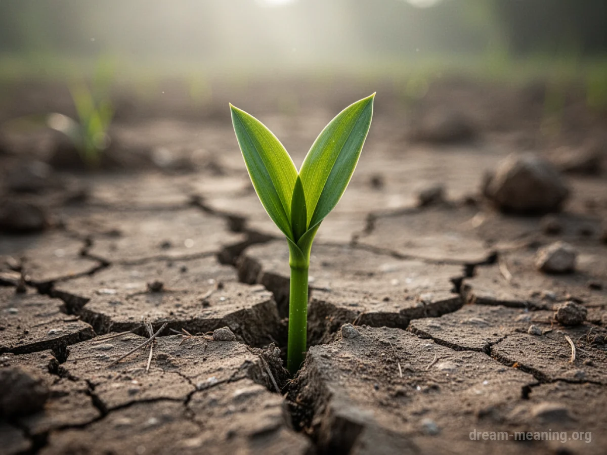 A single green sprout growing from dry, cracked ground.