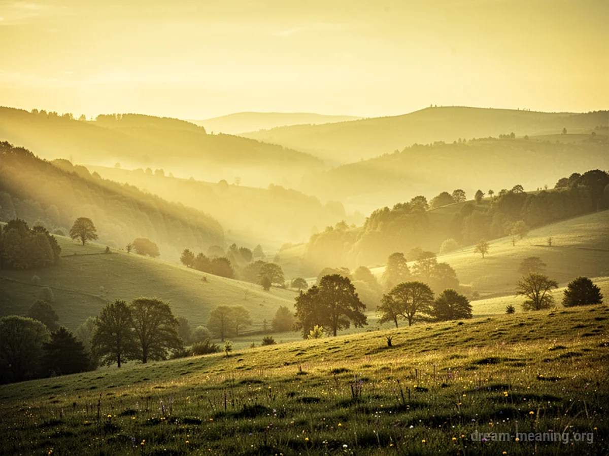A landscape where all objects and the sky are a uniform yellow hue.