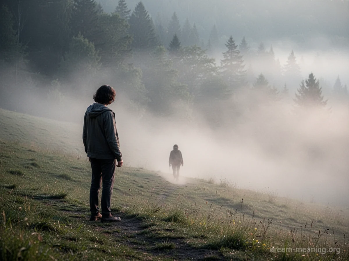 A silhouette of a person looking down a misty slope towards a small figure.