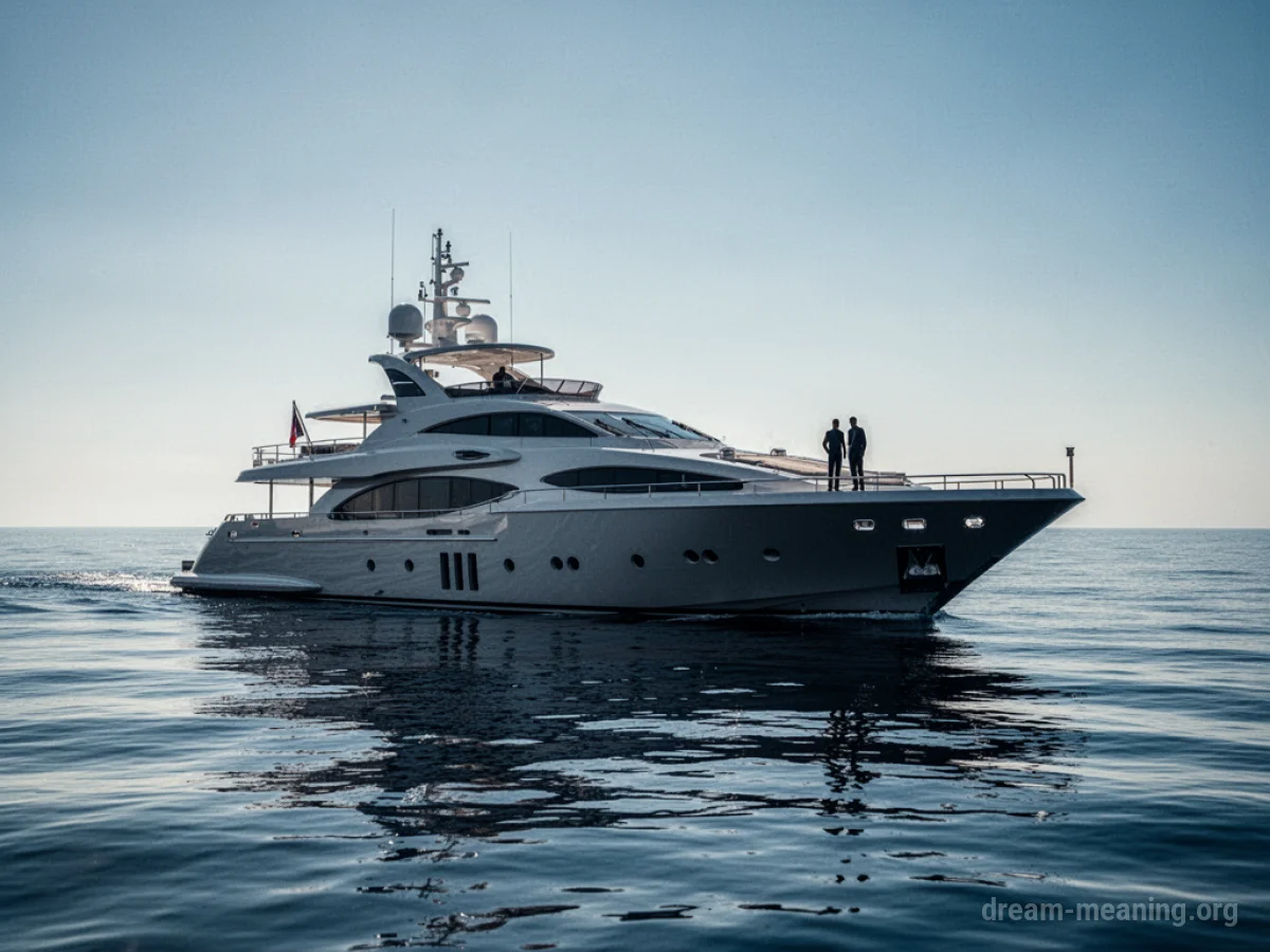 A yacht on the water with two distant figures on its deck.