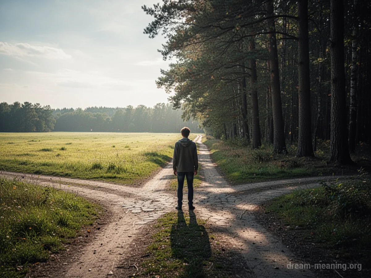 A person stands at a crossroads between a bright field and a dark forest.