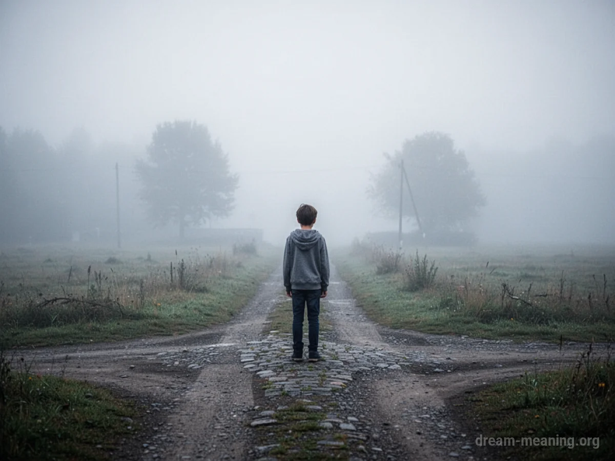 A young person standing at a fork in a path, looking uncertain.