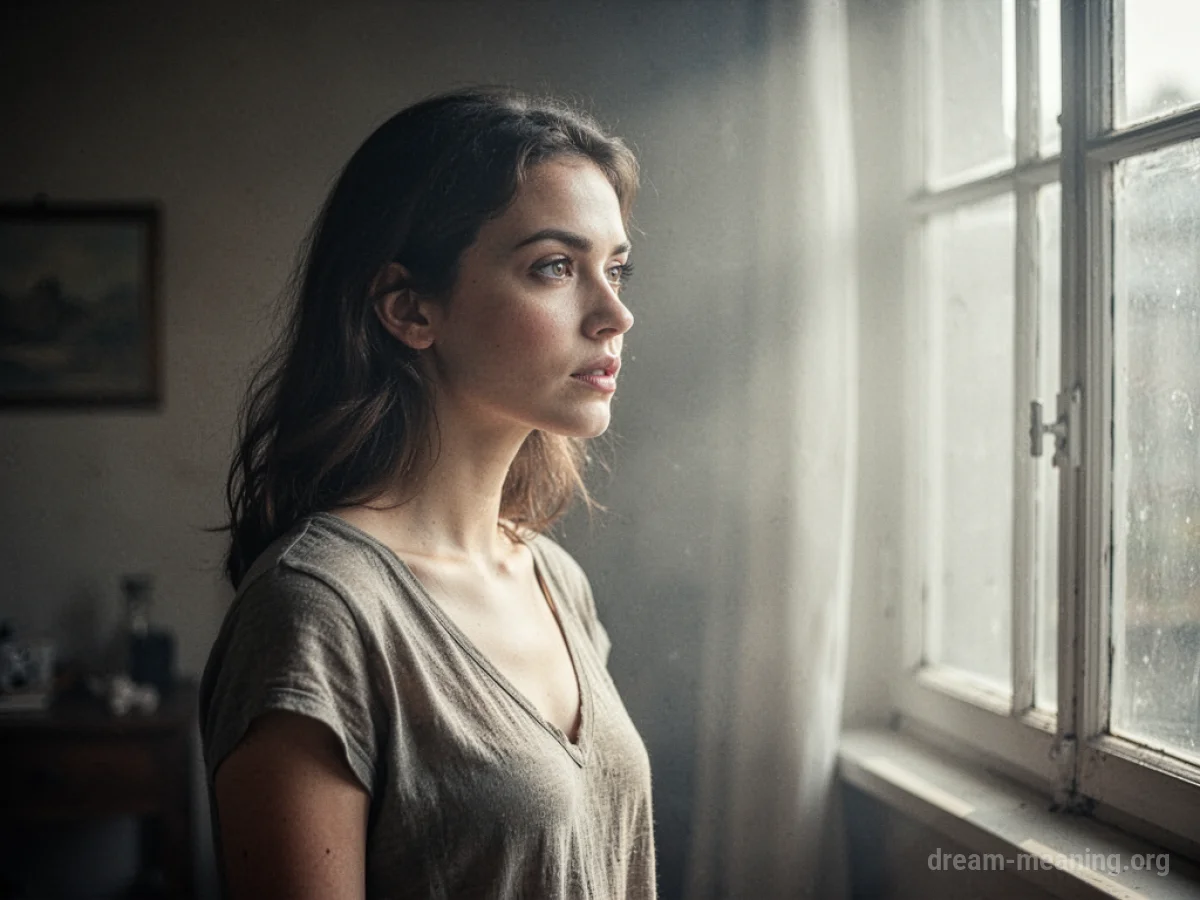 A woman with a youthful face looking out a window.