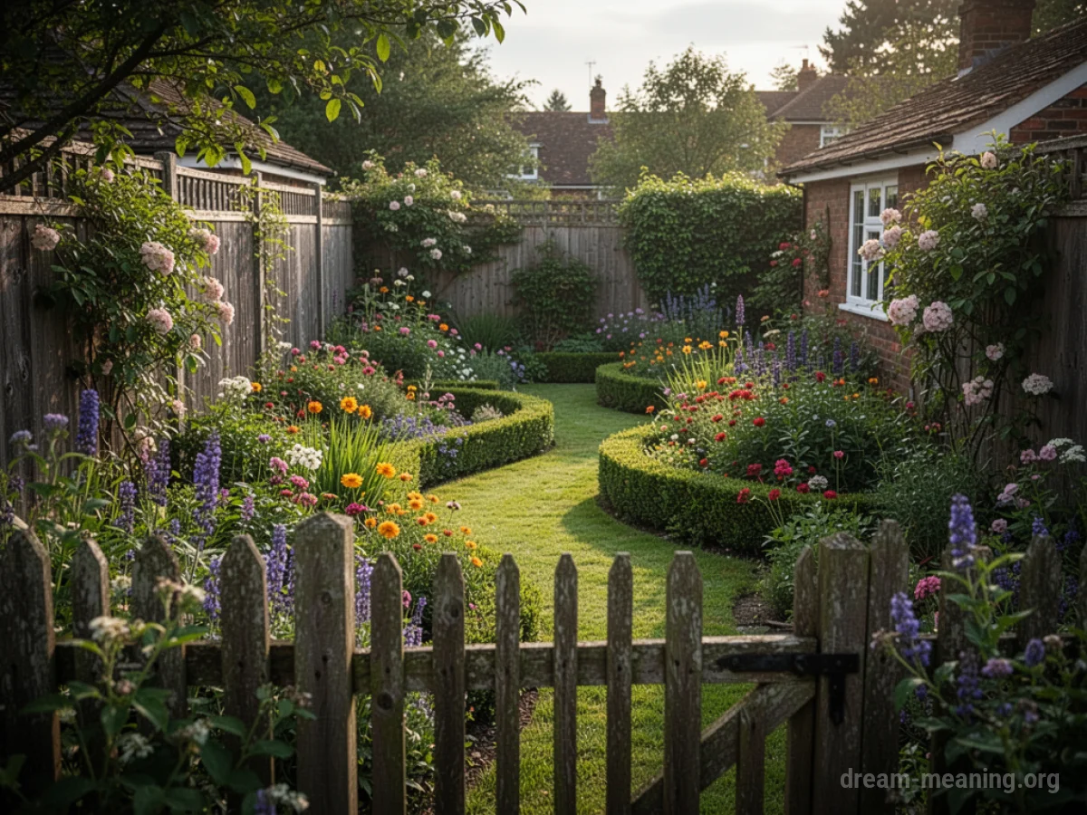 Looking over a fence into a neighbor's well-maintained garden.