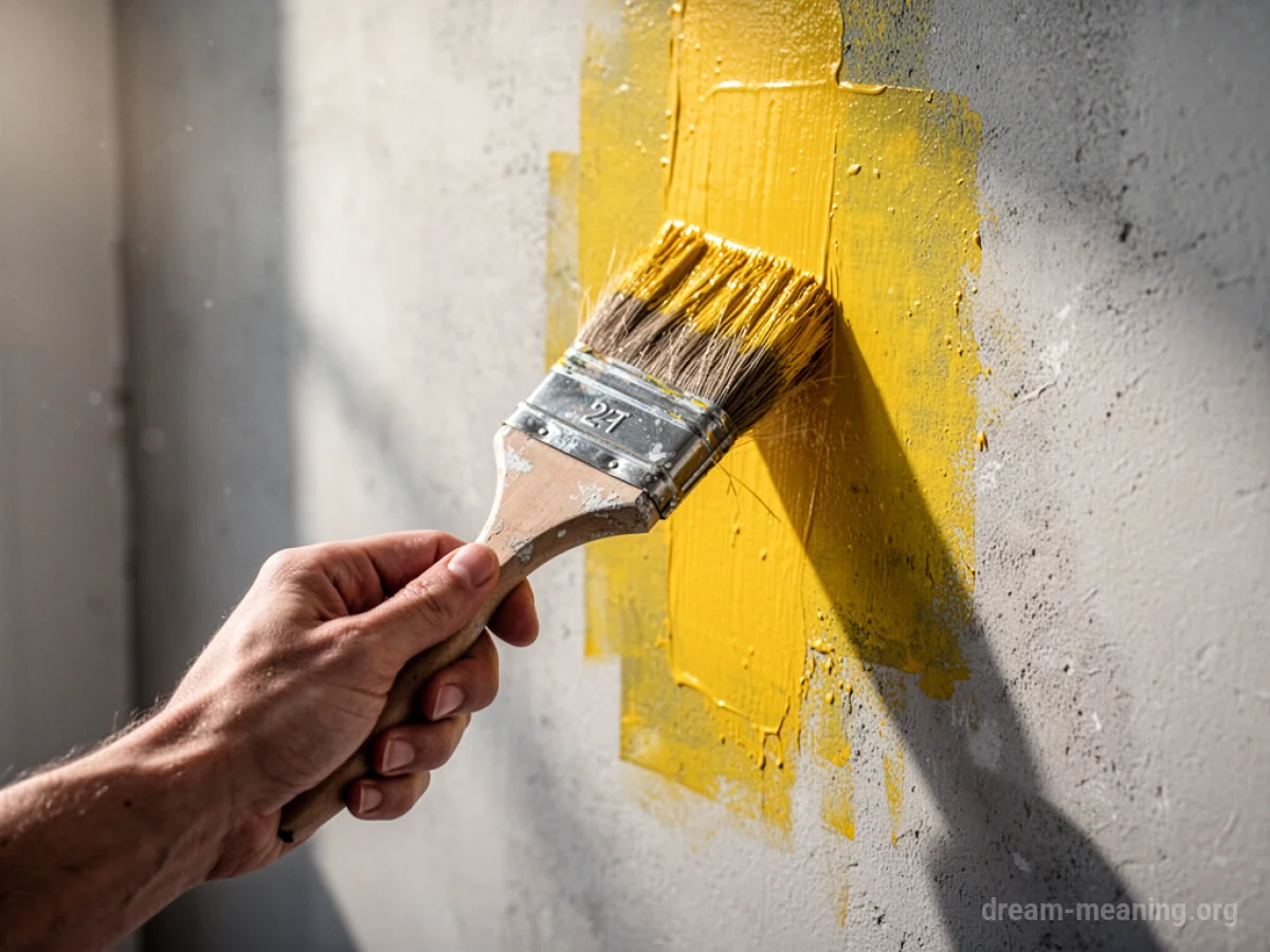 A hand with a paintbrush applying yellow paint to a wall.
