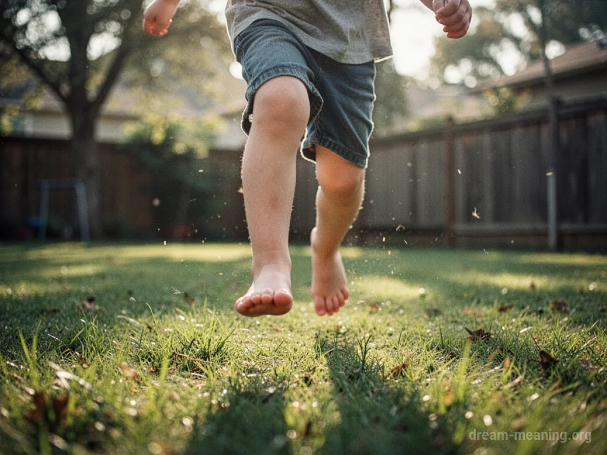Close-up of a child's feet running on green grass in a yard.