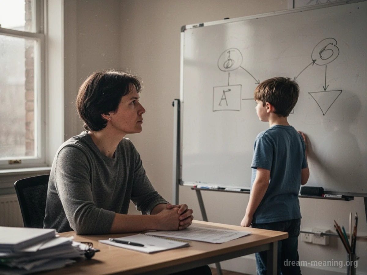A student listening to a younger teacher in a classroom setting.