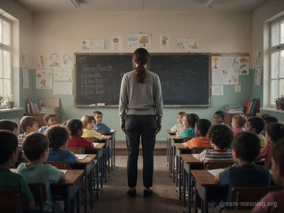 An adult figure facing a group of small child figures in a classroom setting.