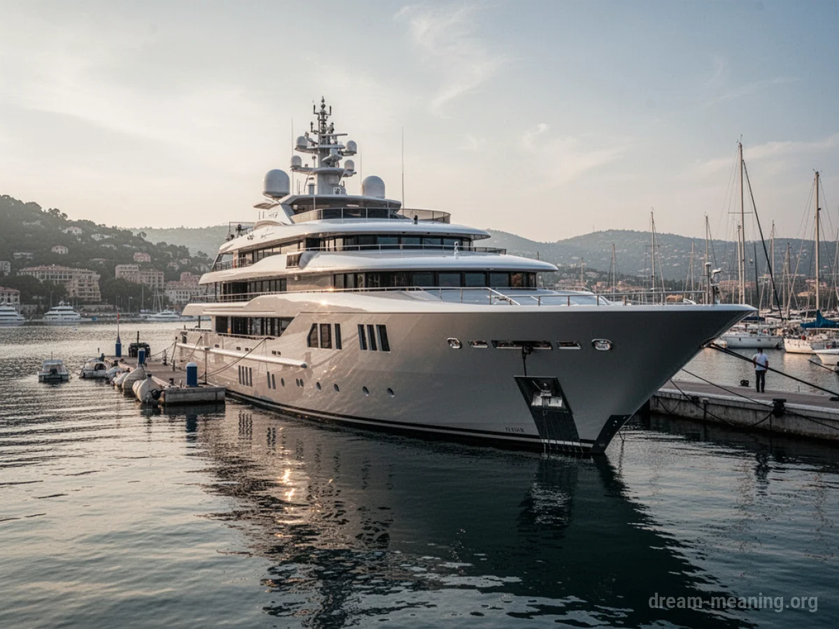 A large yacht is tied to a dock in a harbor.