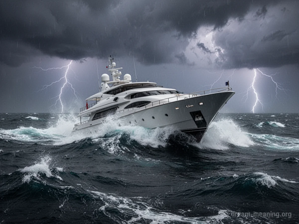 A yacht battling large waves and dark clouds during a storm.