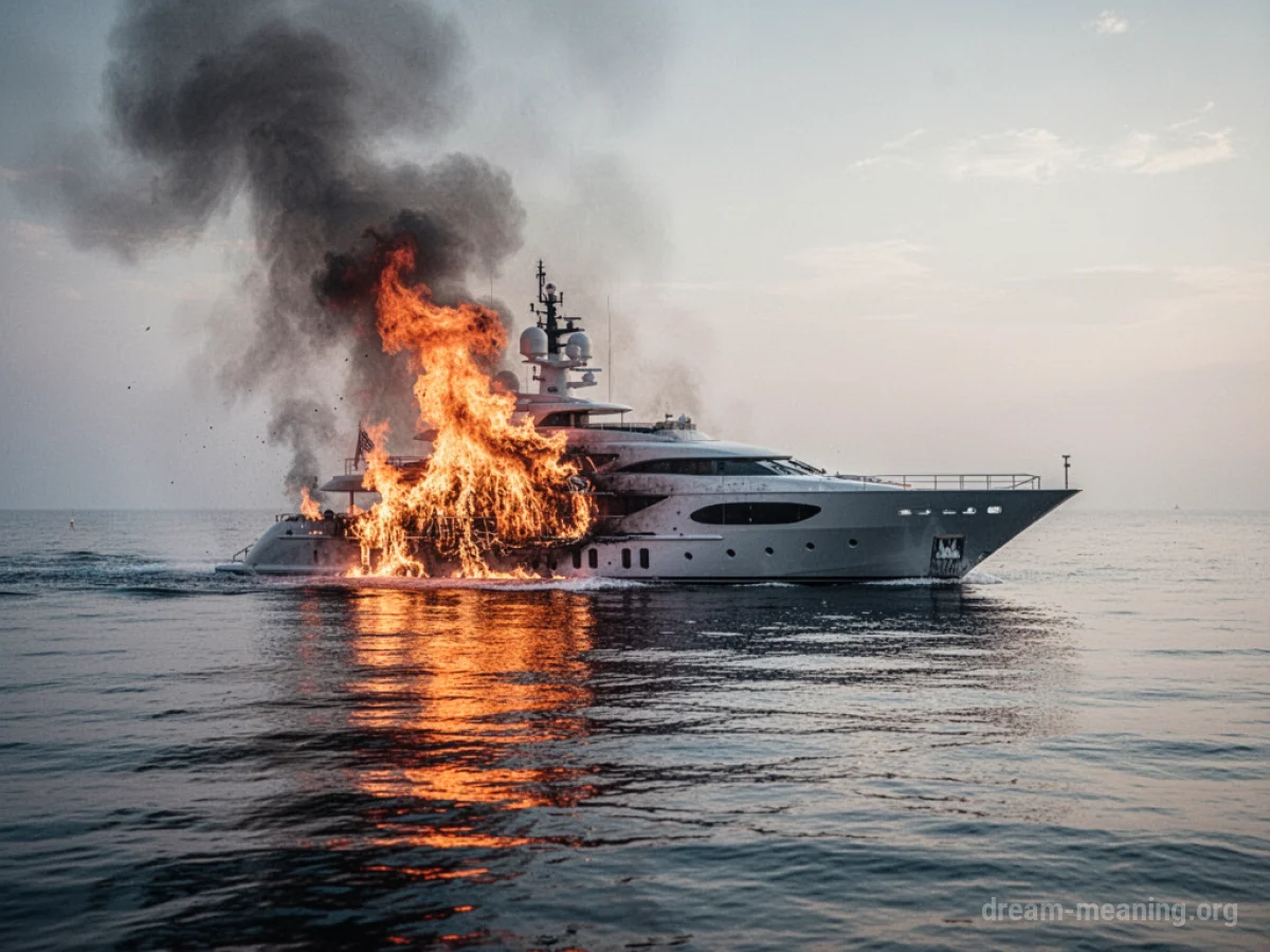 A luxury yacht burning on the ocean.