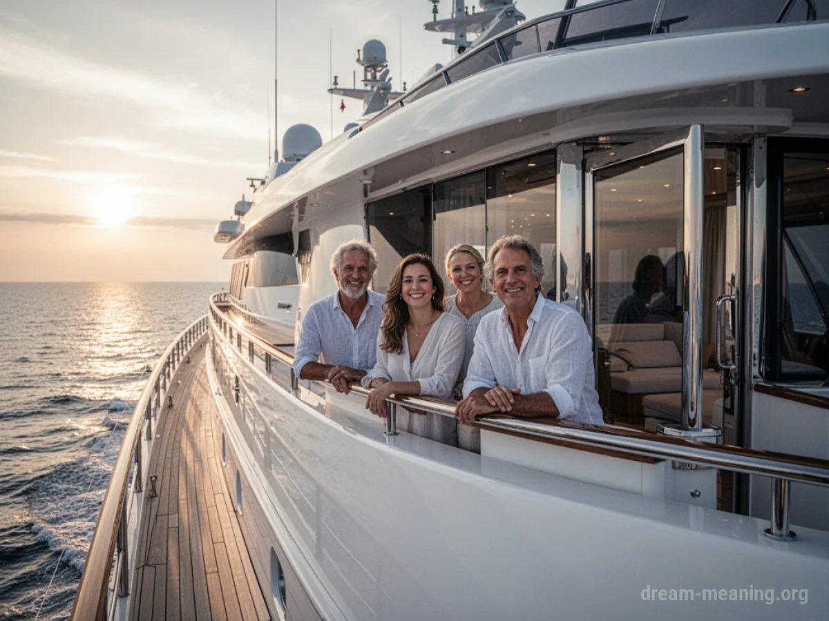A family stands on the deck of a yacht, looking out at the ocean.