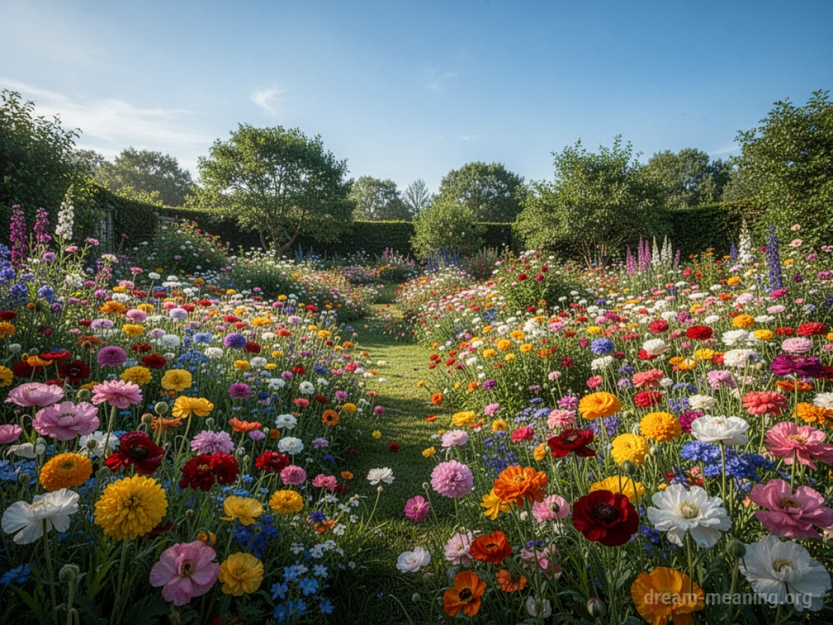 A wide expanse of a garden yard filled with numerous blooming flowers of various colors.