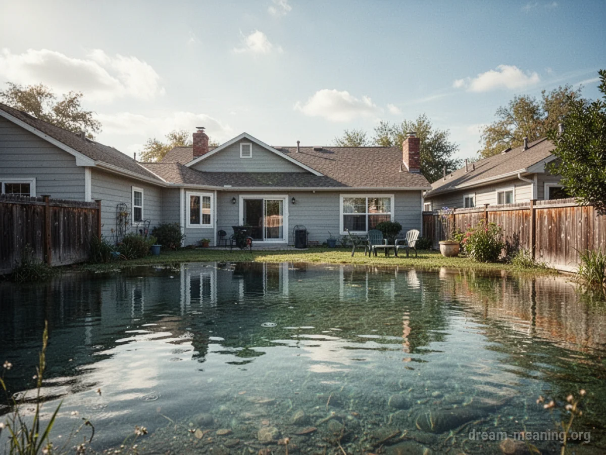 A house backyard with the ground covered in a layer of clear water.