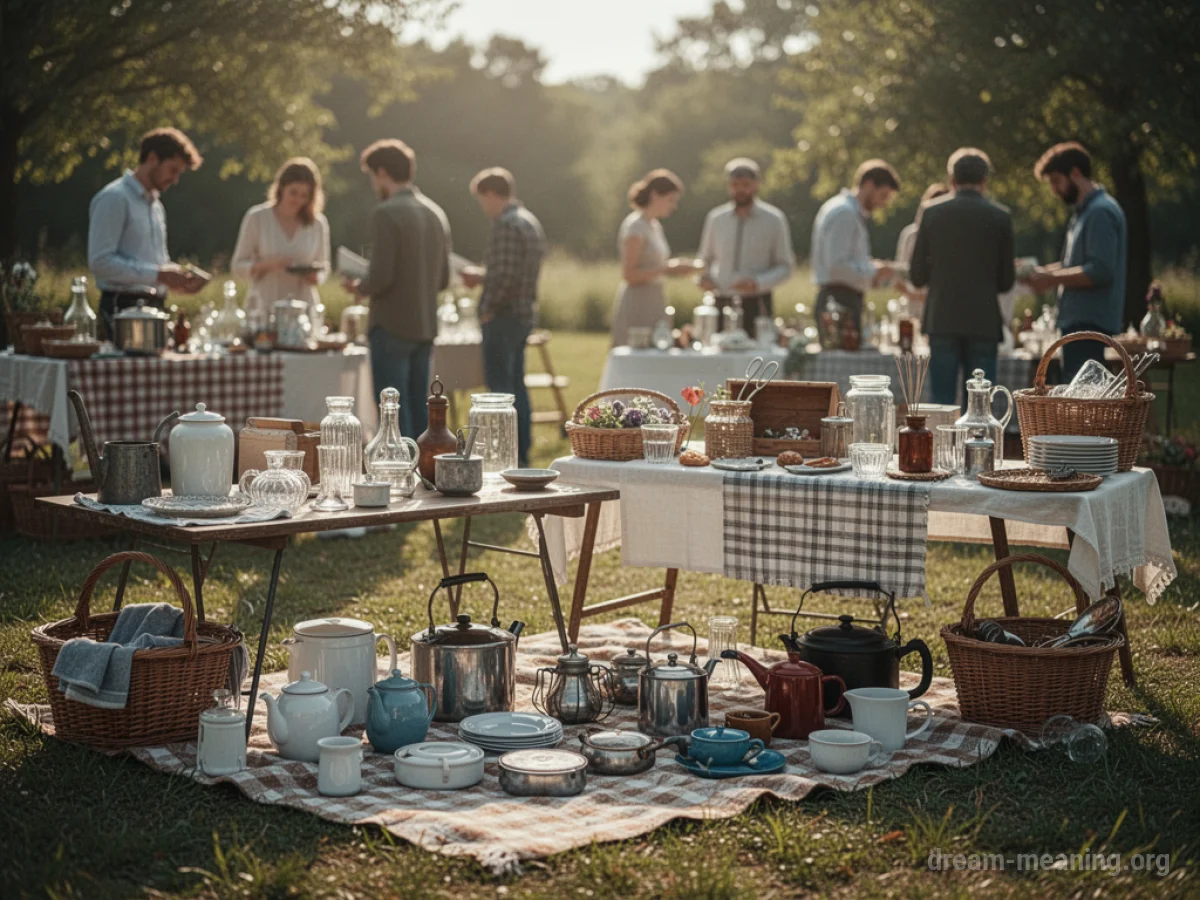 Tables laden with assorted household items for sale outdoors.