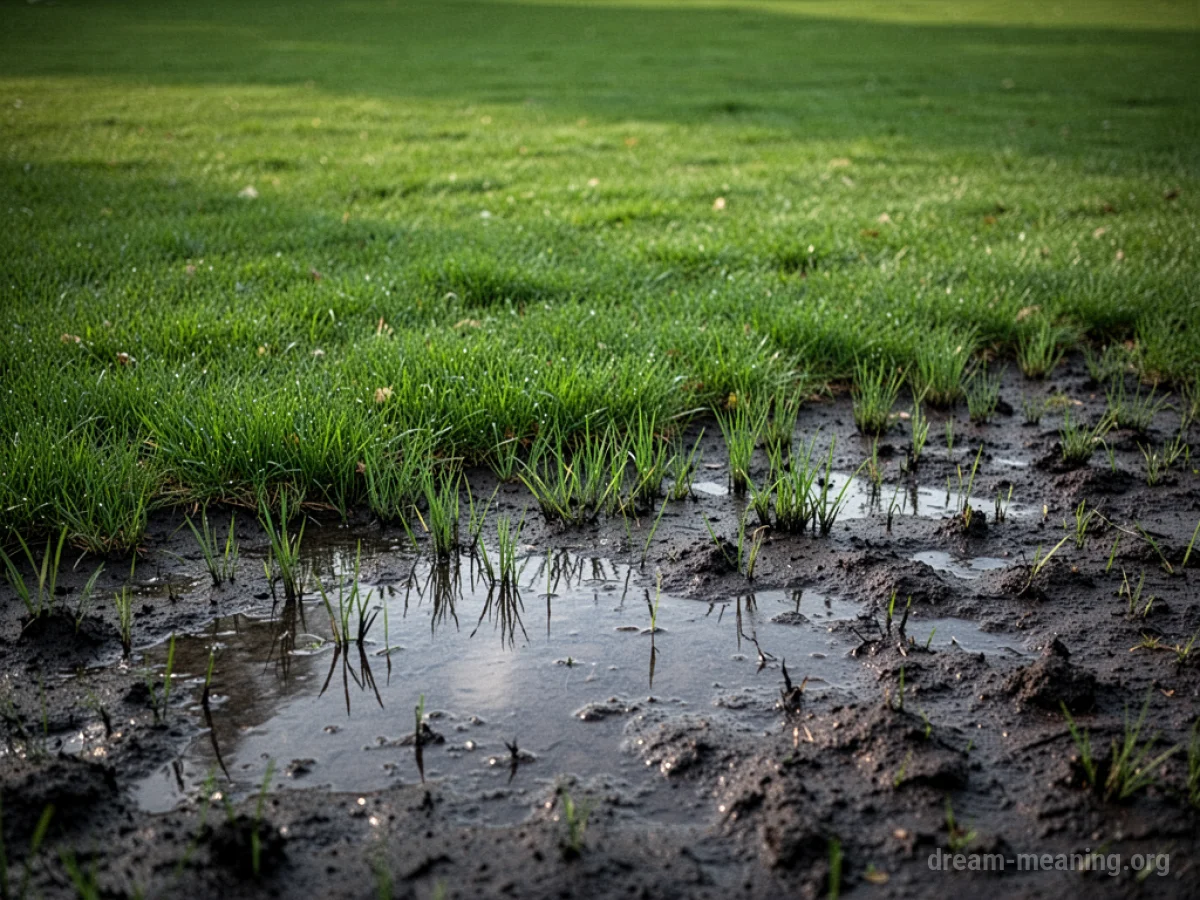 A patch of green grass being swallowed by dark, wet mud.