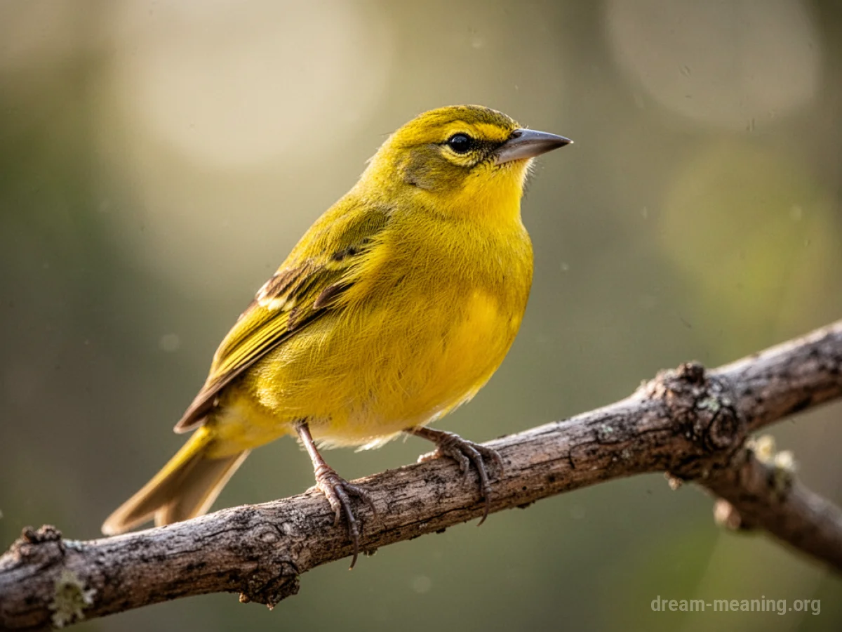 A bright yellow bird sits on a leafy branch.