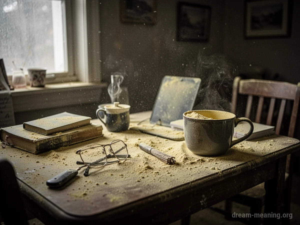 A room with a thin layer of dust on furniture and surfaces.