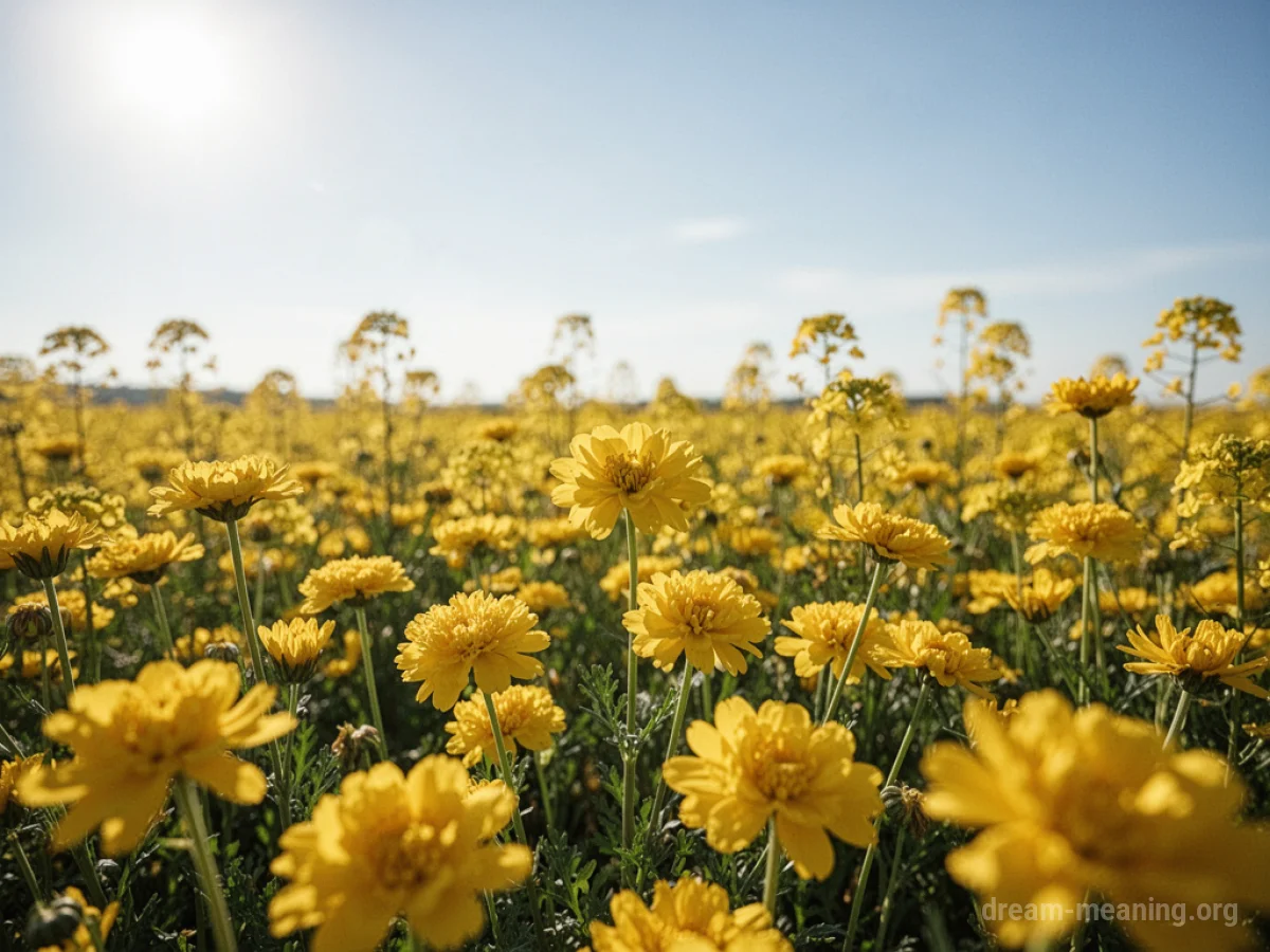 A sunny field filled with yellow flowers.