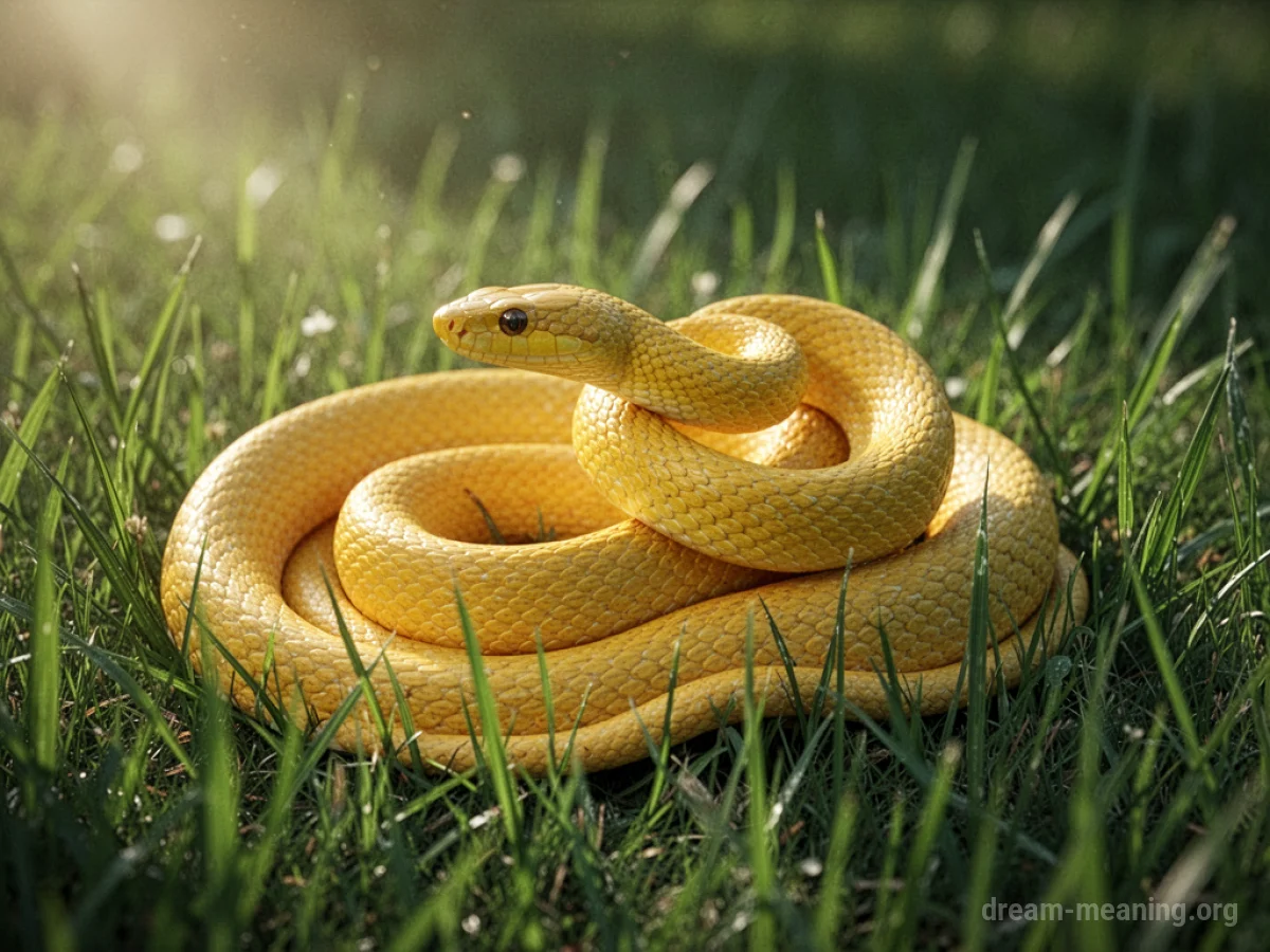 A yellow snake coiled in green grass.
