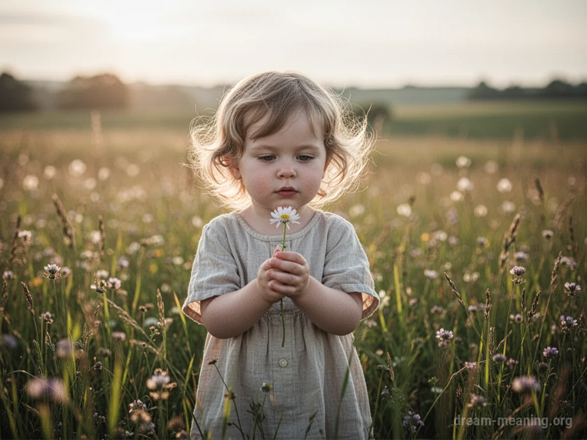 A small child stands in a bright meadow holding a flower.