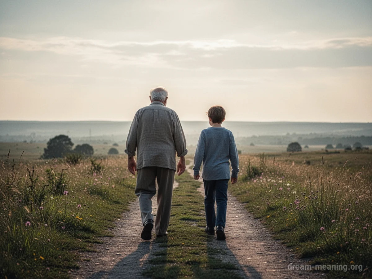 An adult figure and a child walking side-by-side on a path.