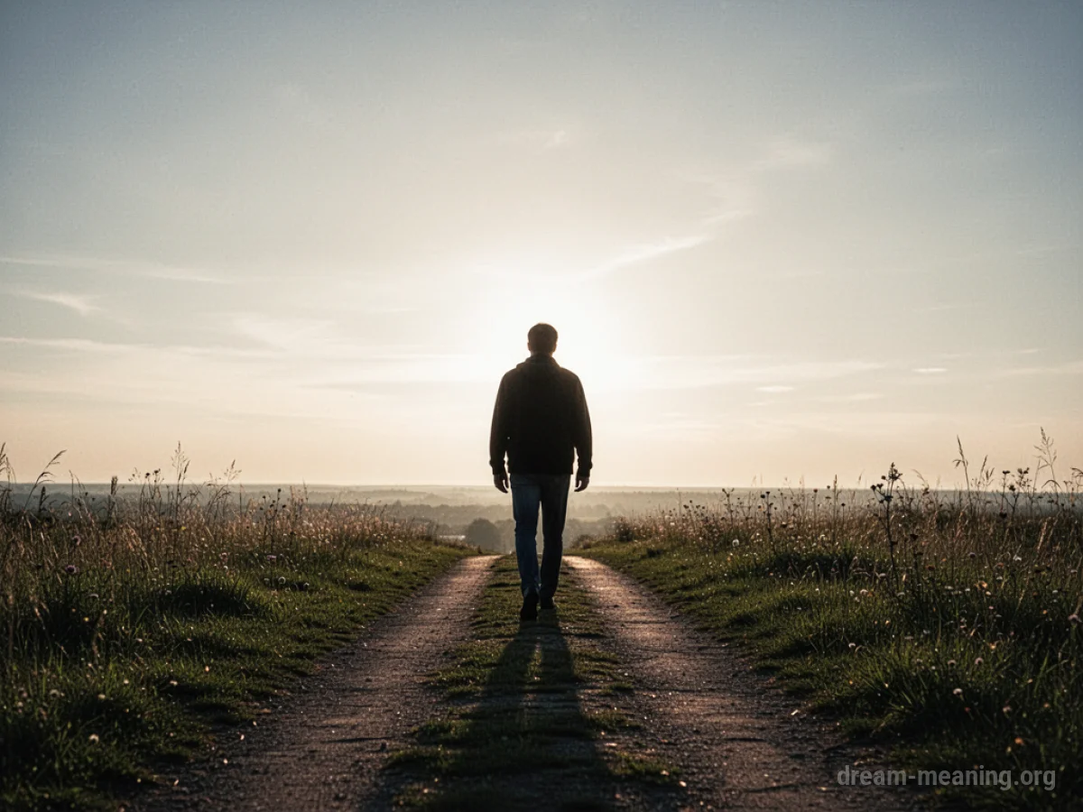 Silhouette of a person walking towards a bright horizon.