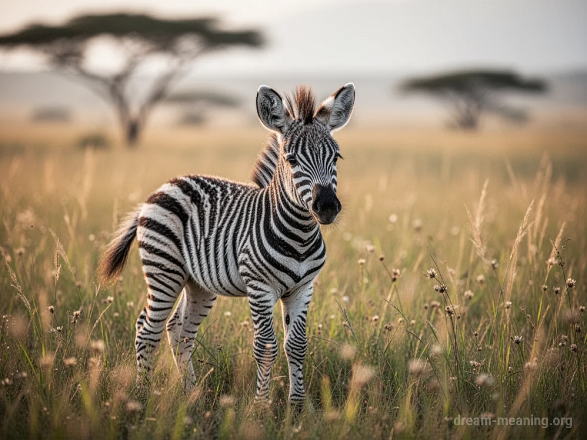 A young zebra foal with distinct stripes stands in a grassy field.