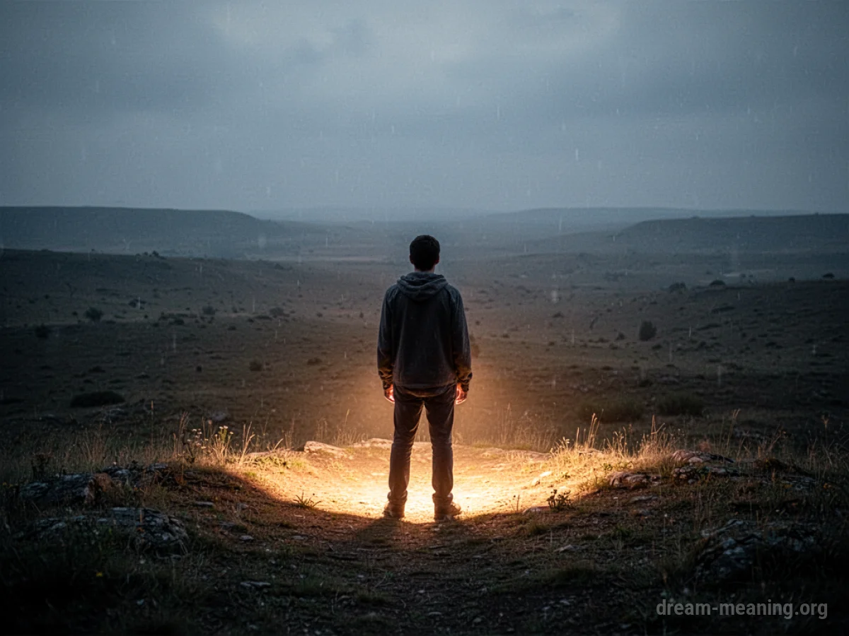 A person hesitates at the edge of a luminous circle, facing an expansive, shadowed world.