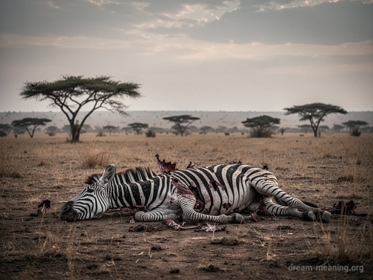 A dead zebra lying on dry grass.