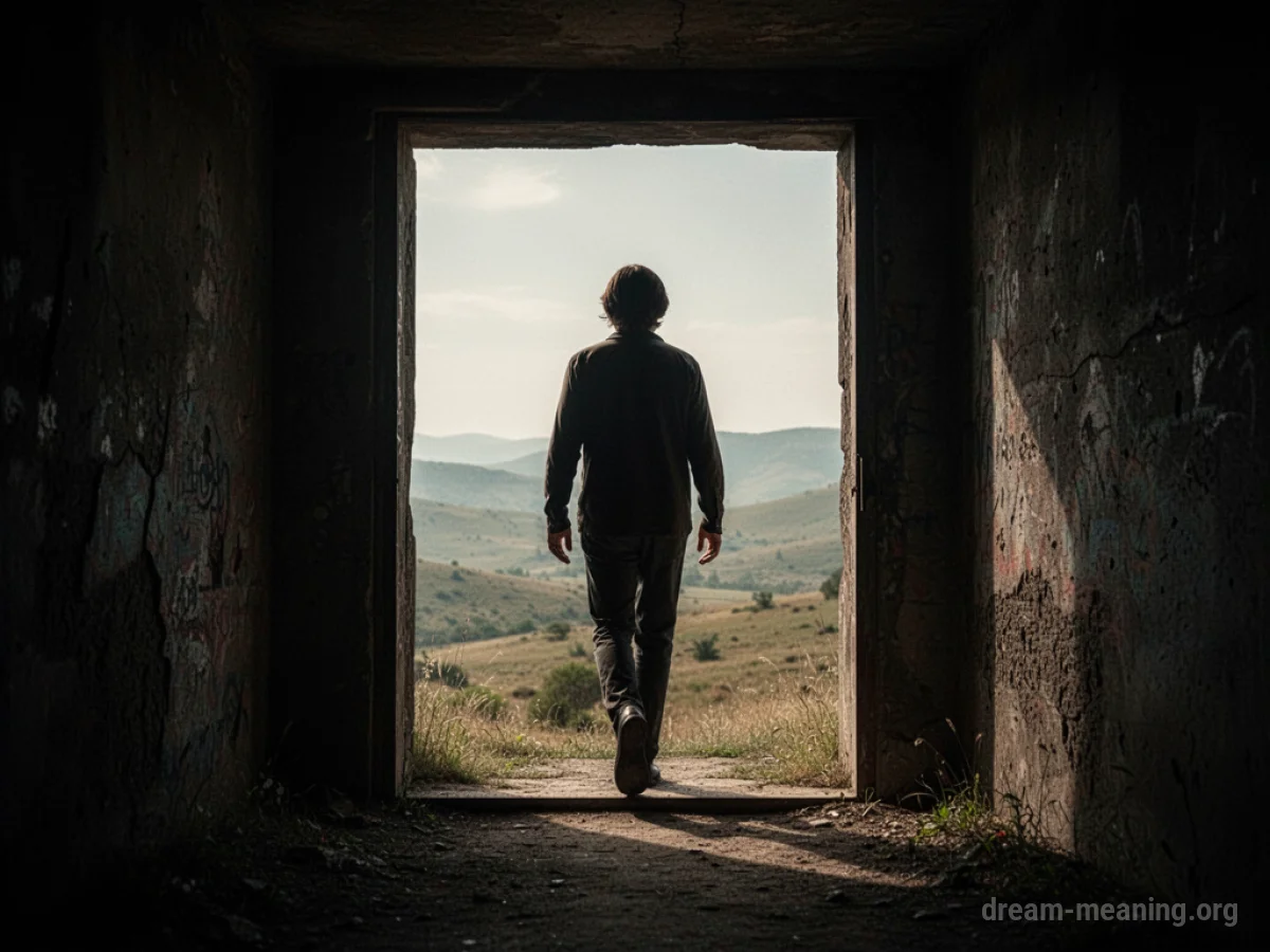 Silhouette of a person walking from a dark area into light.