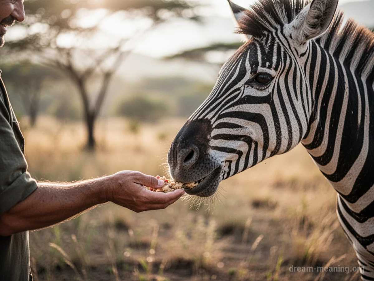 A hand offering food to a zebra.