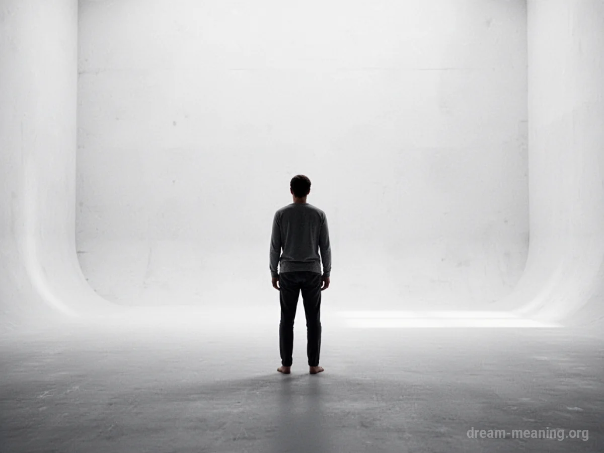 A lone figure stands in a featureless, white void.