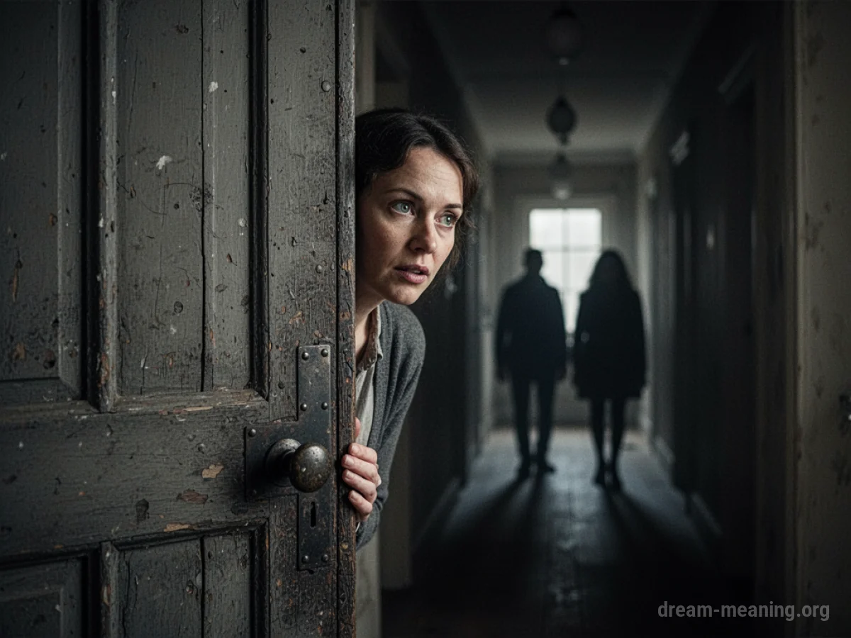 A person is partially visible behind a wooden door, looking down a dark corridor.
