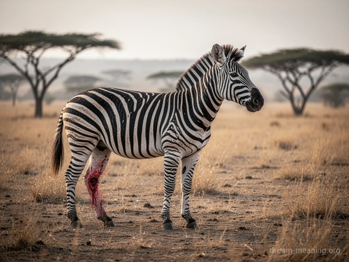A zebra standing in a grassy field with a visible injury on its hind leg.