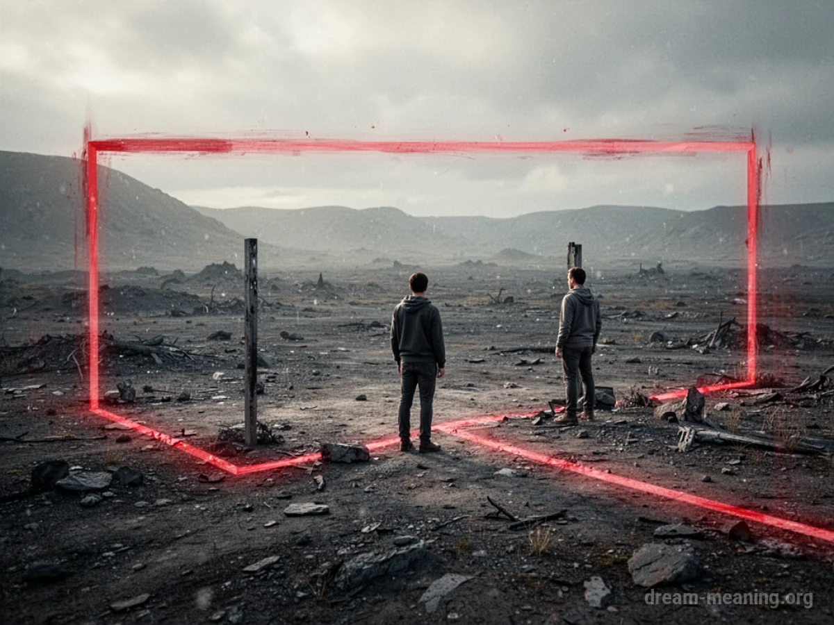 A red line demarcates a forbidden or dangerous area in a barren landscape, with a person standing at its boundary.
