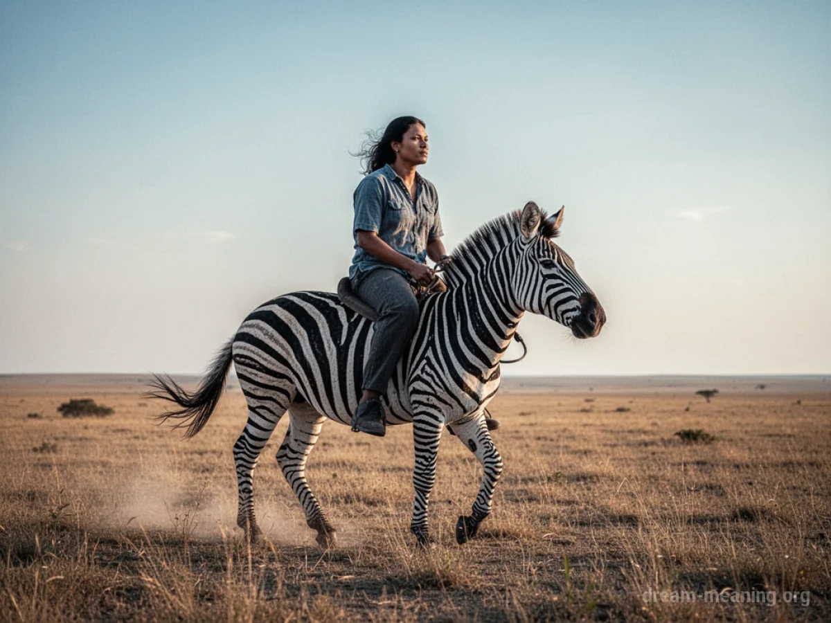 A person riding a zebra across a plain.