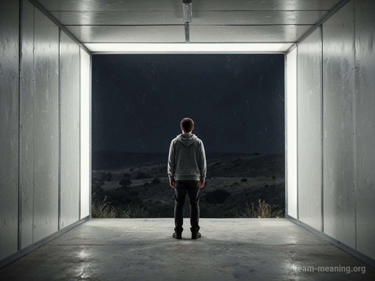 A person stands within a lit area, facing an unknown dark exterior.