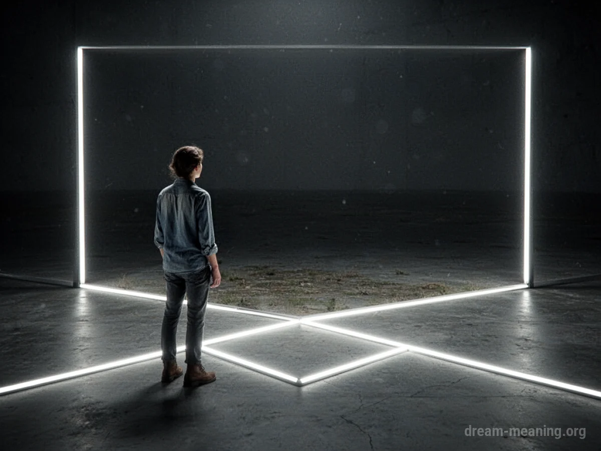 Silhouette of a person standing at the boundary of a glowing square.
