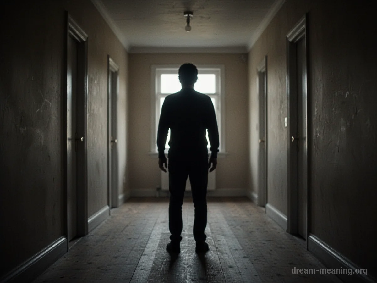 Silhouette of a person with a hazy outline in a dark corridor.